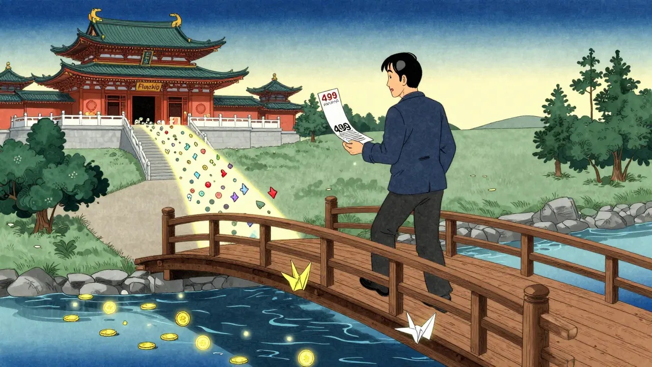 Клиент переходит мост из монет, держа чек за 499 рублей, направляясь к храму флагманского продукта.