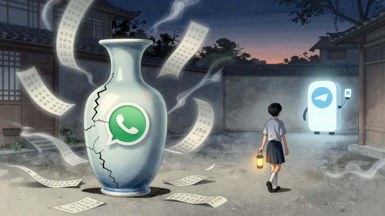 Хрупкий WhatsApp бот в виде разбитой вазы, студент уходит к Telegram боту с видео-фонарём.