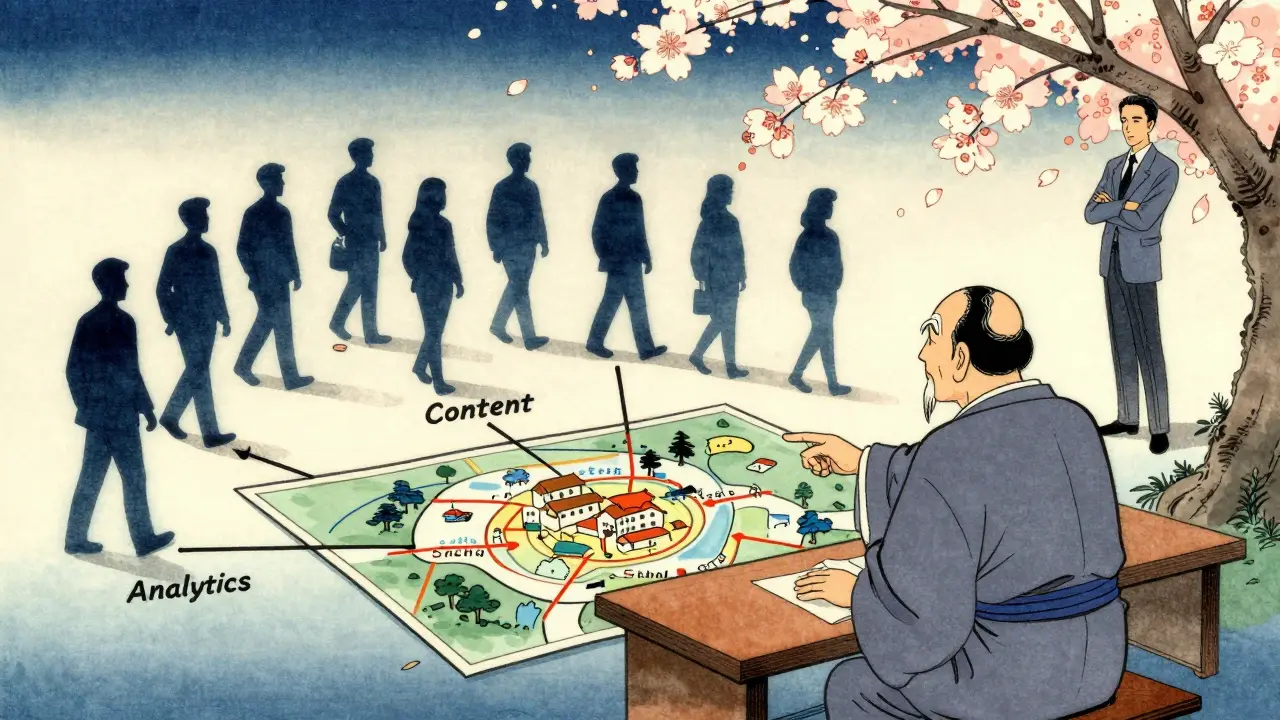 Наставник указывает на карту растущей онлайн-школы, где команда уверенно движется по разным направлениям.