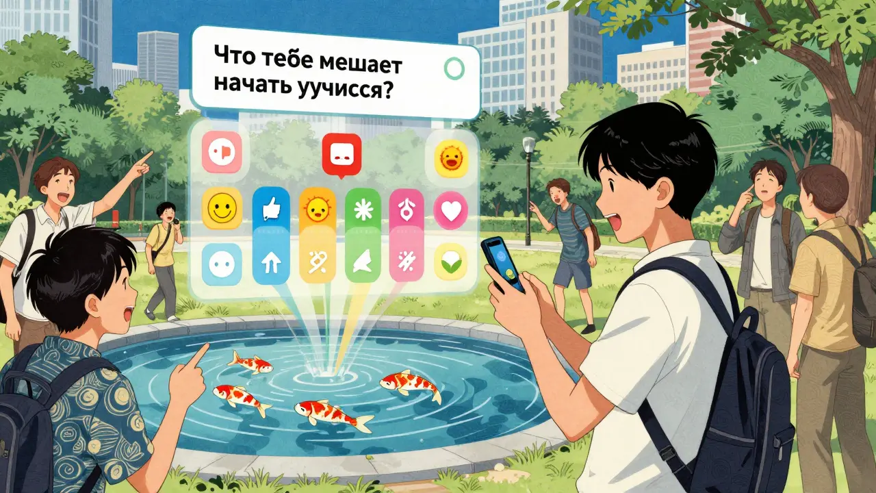 Пользователь участвует в интерактивном опросе с анимированными ответами в парке.