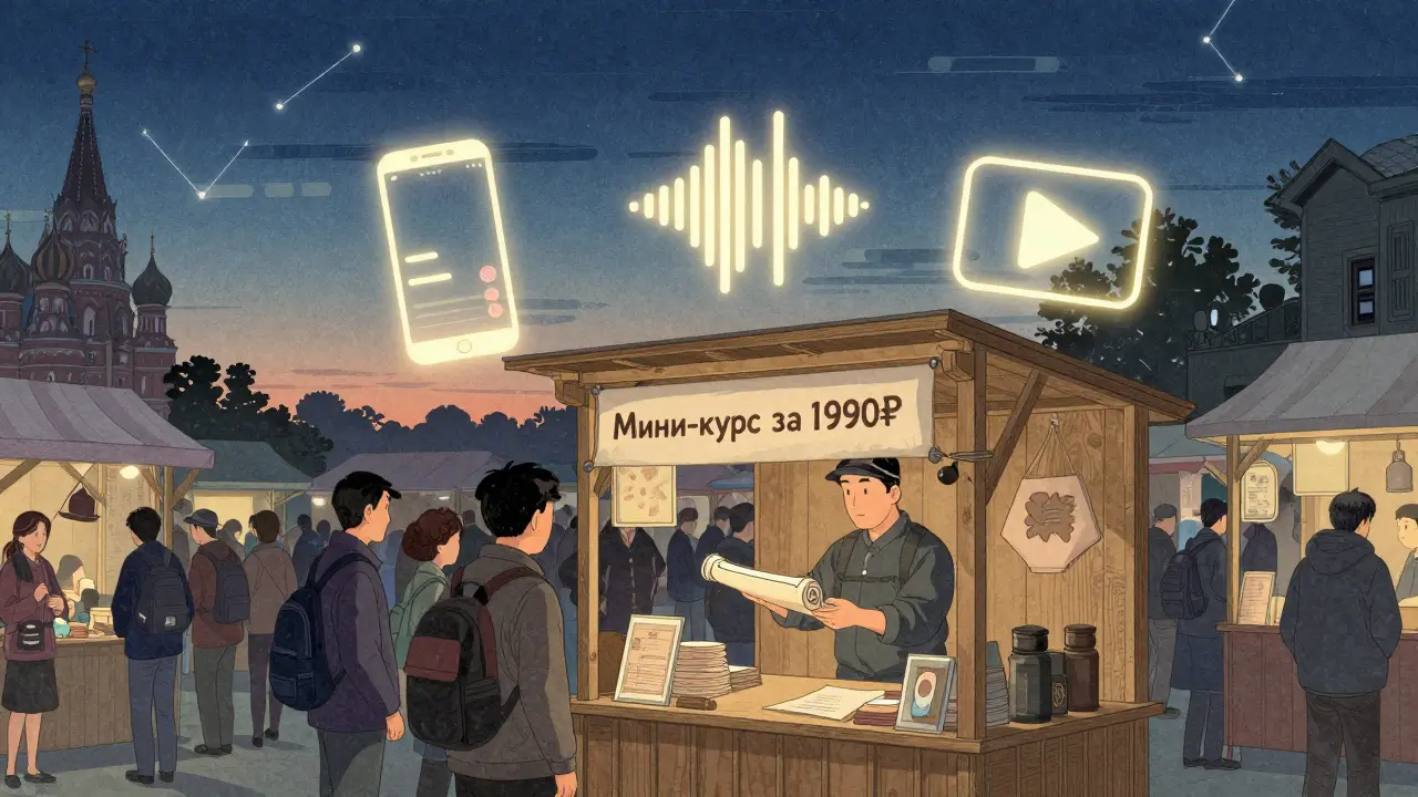 Продавец на рынке передаёт свиток с мини-курсом, вокруг — плавающие иконки телефона, аудио и видео в стиле укиё-э.