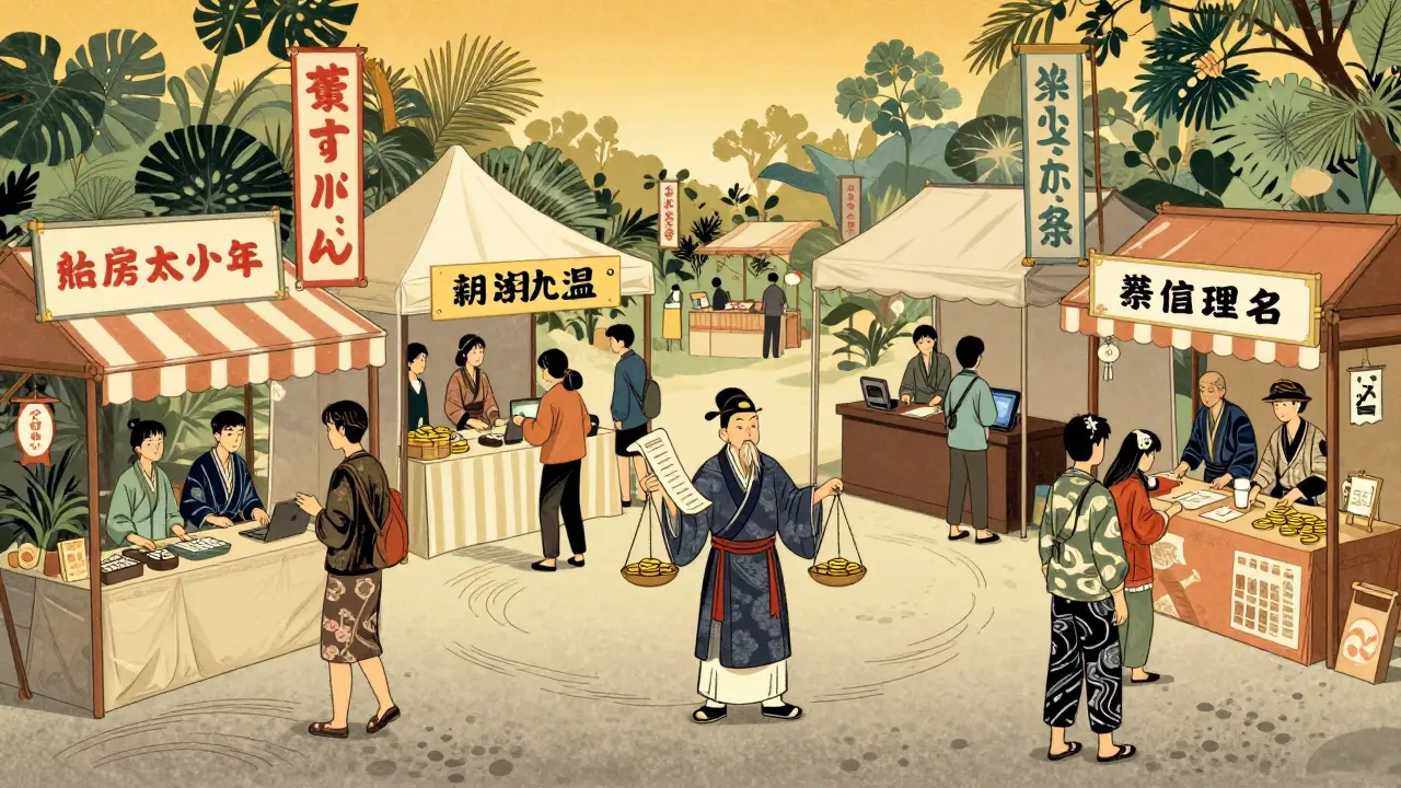 Рынок с торговыми лавками, изображающими этапы воронки продаж: реклама, вебинар, оплата и премиум-курс, клиенты в современной одежде с узорами.