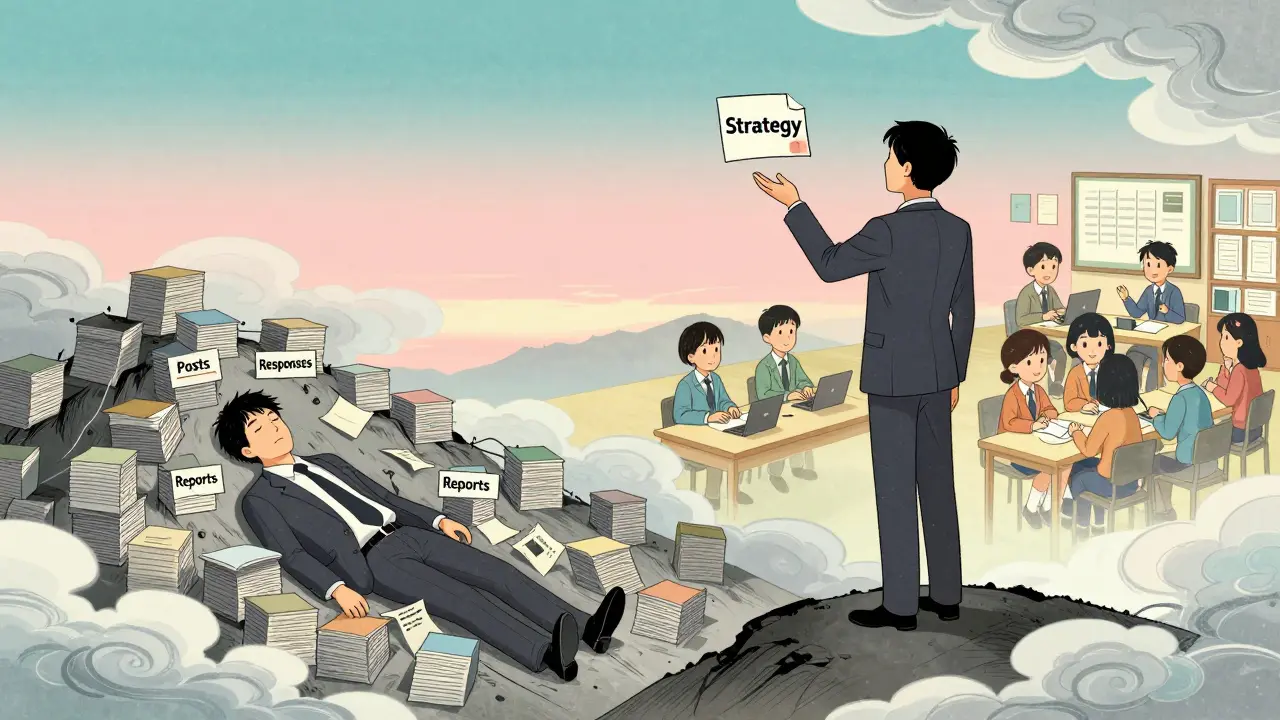 Слева — предприниматель под грузом рутины, справа — он свободен, наблюдает за процветающей школой.