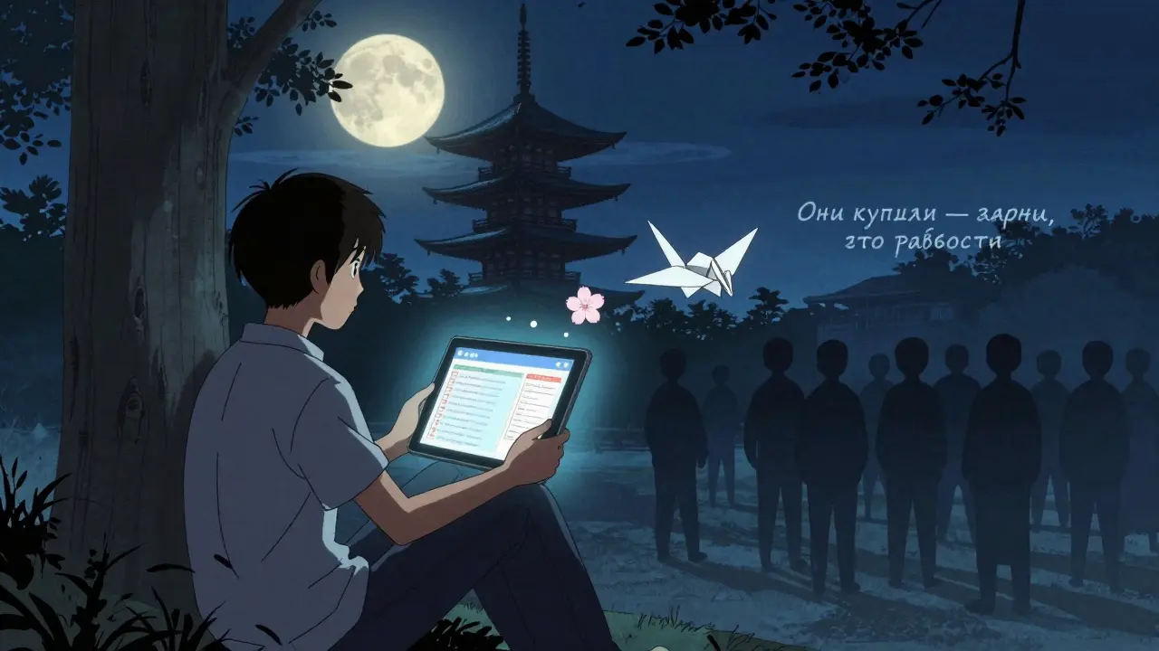 Студент смотрит на экран с чек-листом под луной, вдалеке — толпа, желающая записаться, в укиё-э стиле.