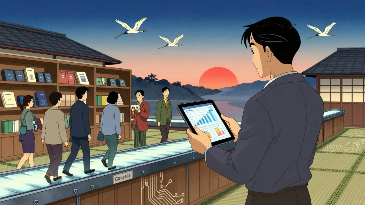 Торговец с планшетом, клиенты проходят мимо курсов — одни уходят, один возвращается.