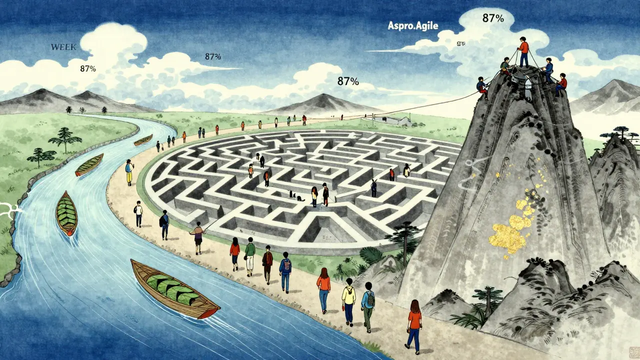 Три пути управления задачами в образовании: простой, сложный и технический — в стиле укиё-э с золотыми акцентами.