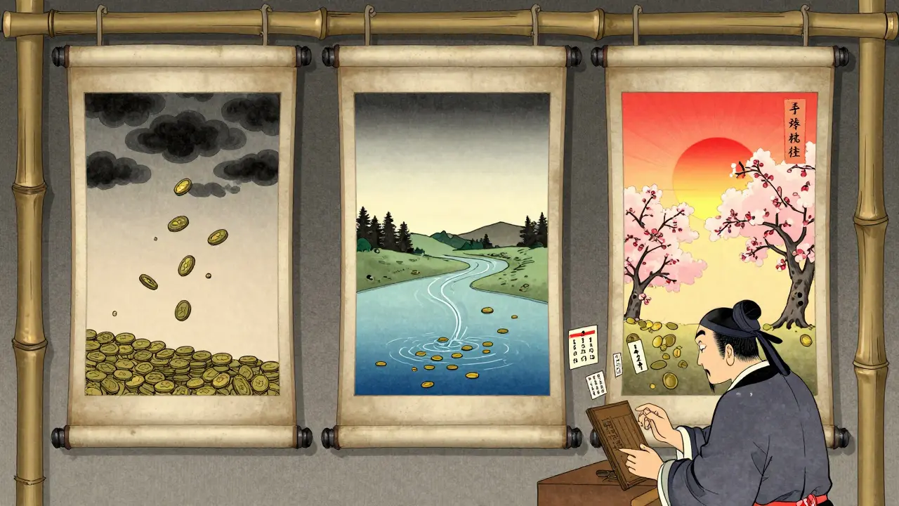 Три свитка с сценариями выручки: пессимистичный, реалистичный и оптимистичный, учёный обновляет данные на деревянной доске, вокруг — календари и числа.