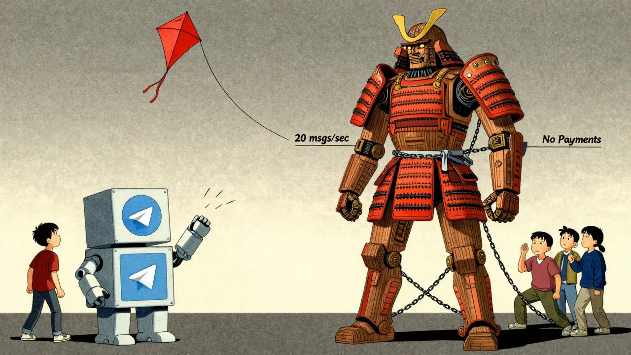 VK бот в доспехах, ограниченный цепями, рядом с свободным Telegram ботом, раздающим уроки.