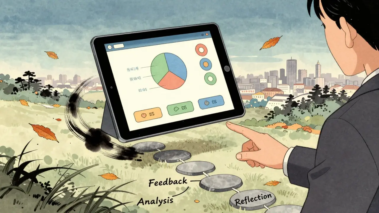 Цифровой экран с интерактивным кейсом растворяется в традиционной каллиграфии, рука указывает на путь к пониманию.