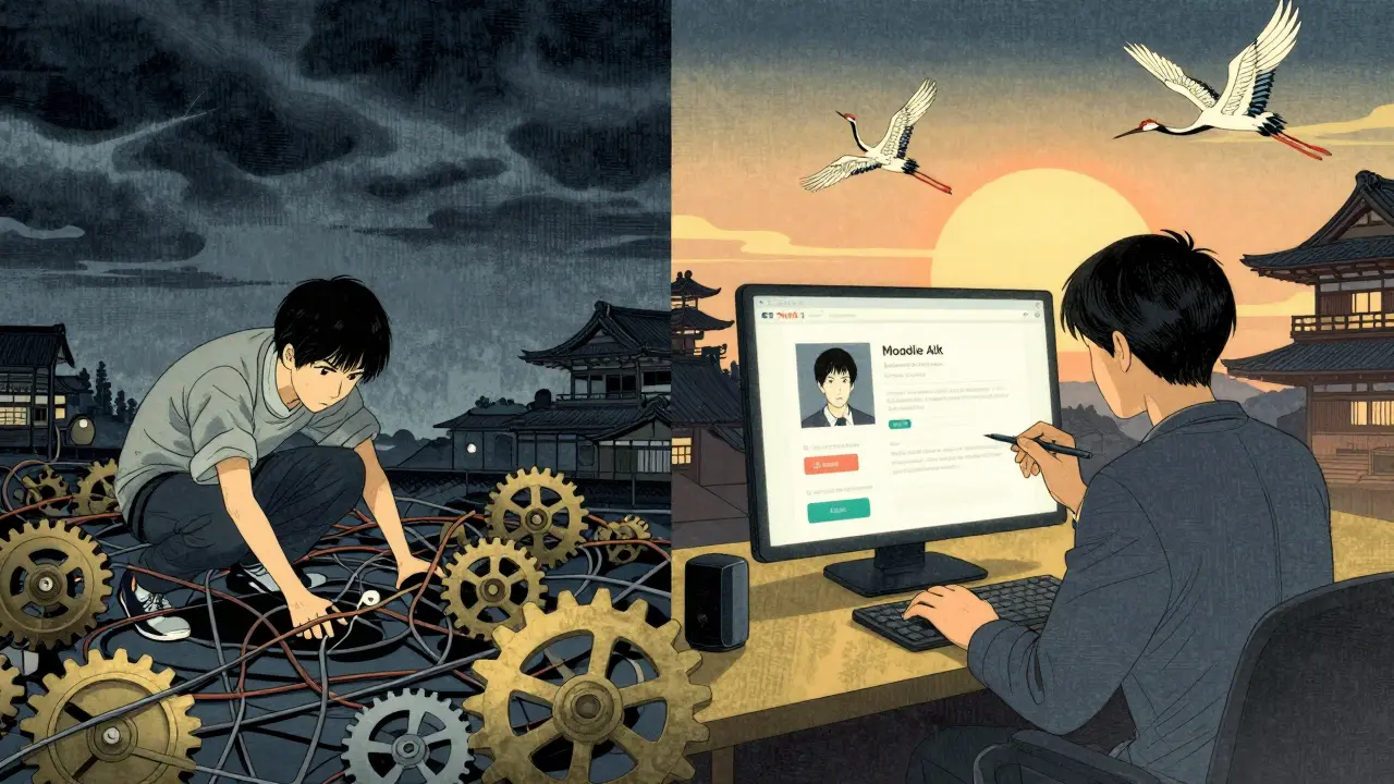 Контраст между сложностью Moodle и простотой Stepik, изображённый в японском стиле.