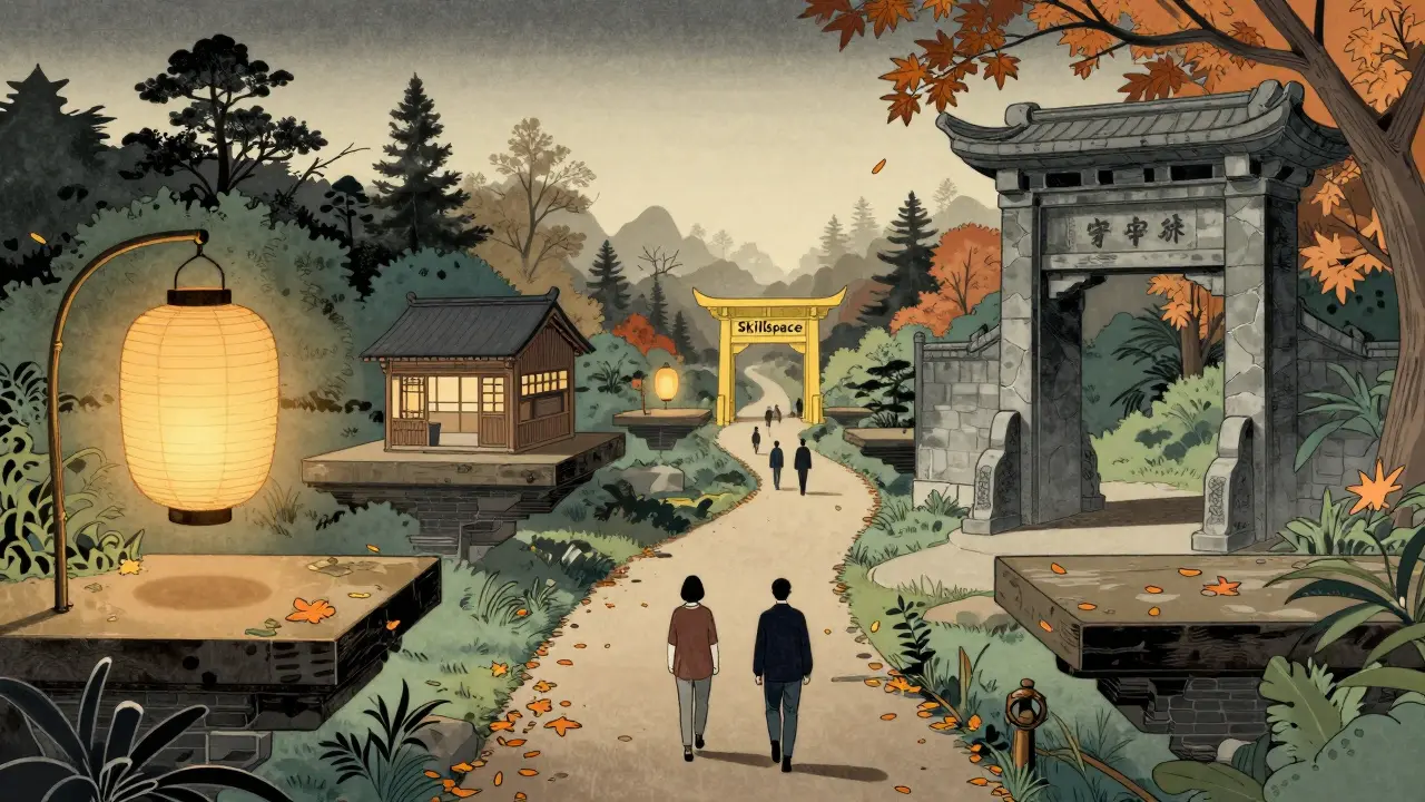 Путь инфобизнесмена от бесплатных платформ к платным, в стиле укиё-э.