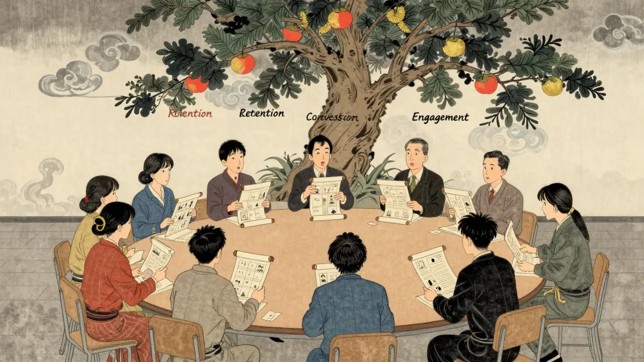 Студенты обсуждают мини-кейсы за круглым столом, за ними — дерево с плодами, символизирующими результаты обучения.