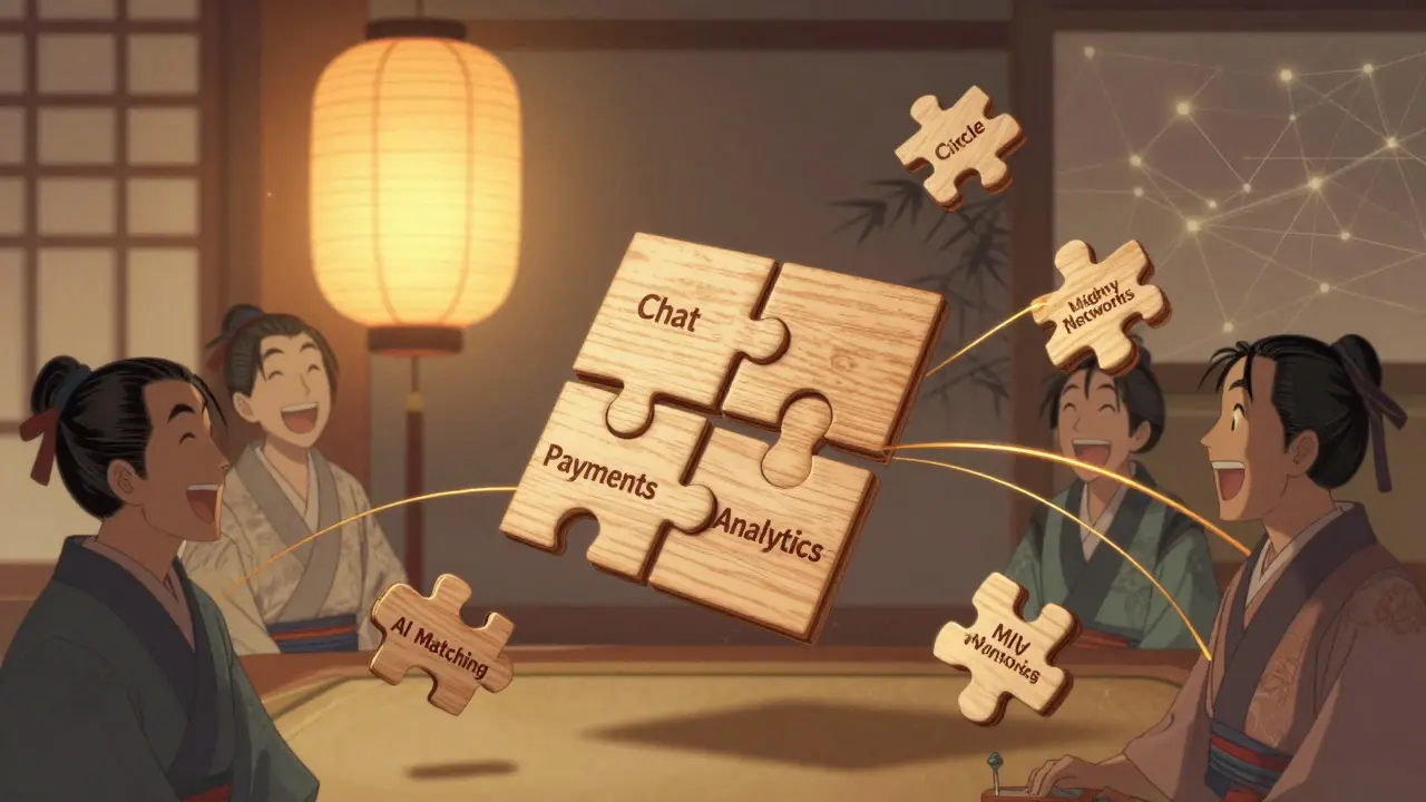 Деревянный пазл с элементами сообщества собирается под светом фонаря, части Circle соединяются легко, Mighty Networks — через золотые нити.