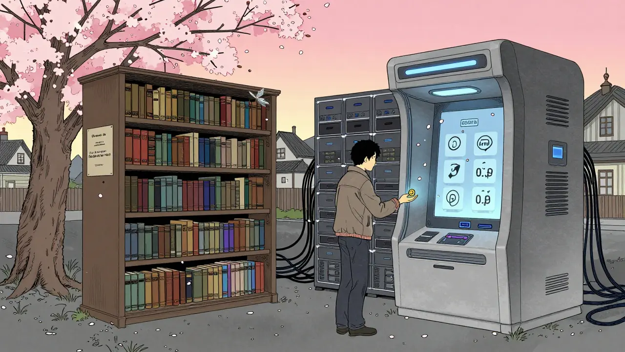 Гибридная библиотека: бесплатный доступ под сакурой и микроплатежи у цифрового терминала с падающими лепестками.