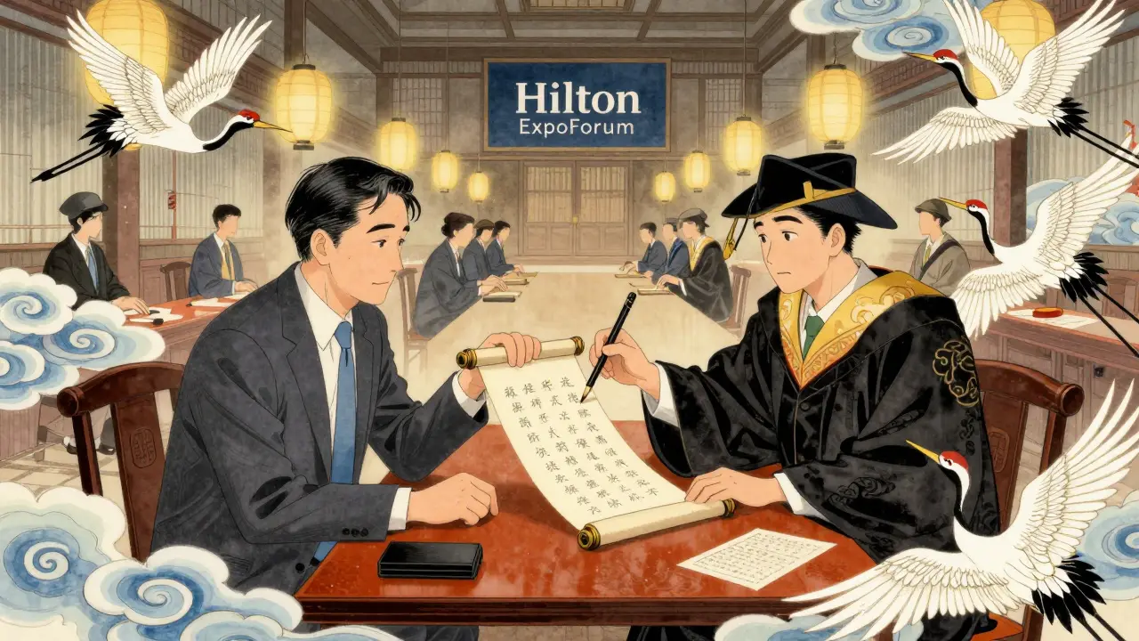 Корпоративный руководитель и декан вместе пишут письмо за лакированным столом, вокруг — журавли и облака.