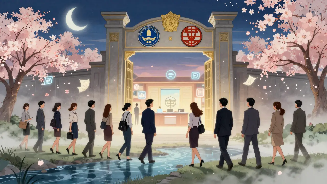 Молодые профессионалы проходят через ворота, объединяющие логотипы партнёров, в волшебный класс с летящими свитками.