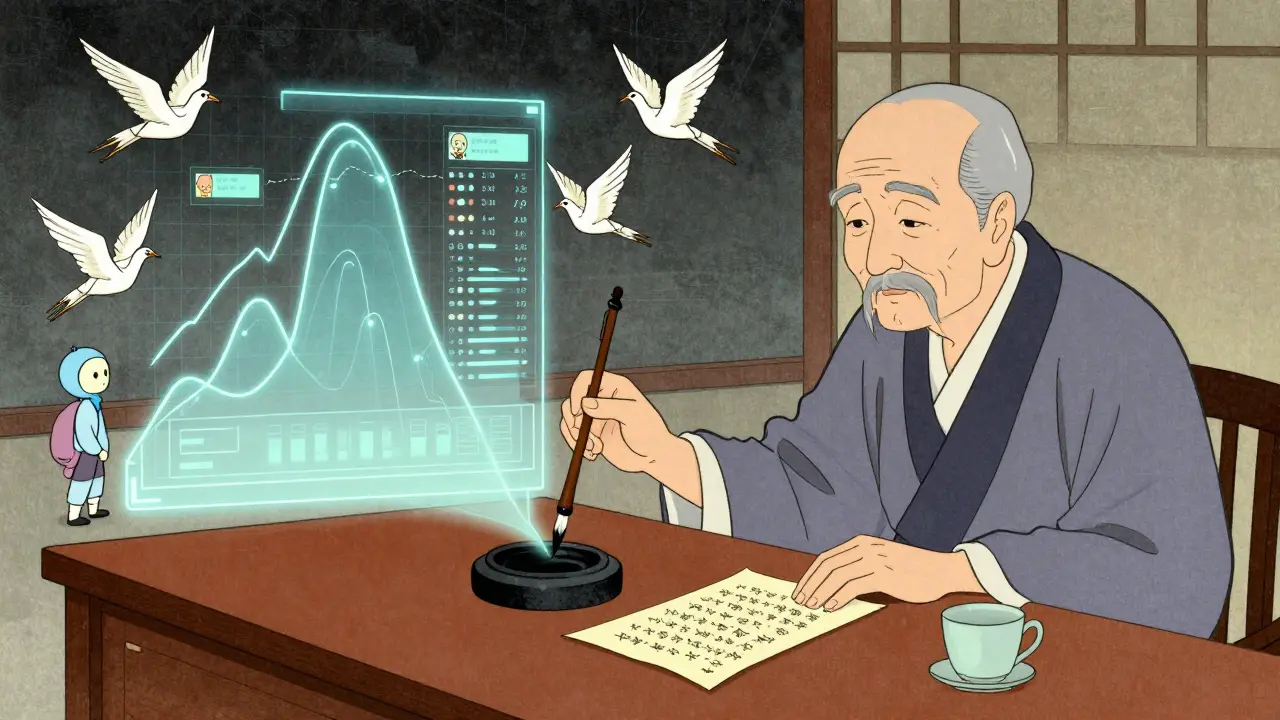 Наставник использует кисть, превращающуюся в аналитику, рядом — бумажные журавли с обратной связью.