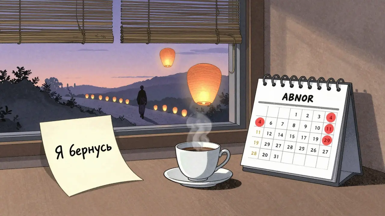 Пустой рабочий стол с чашкой чая и заметкой 'Я вернусь', автоматические посты как фонарики, утро.