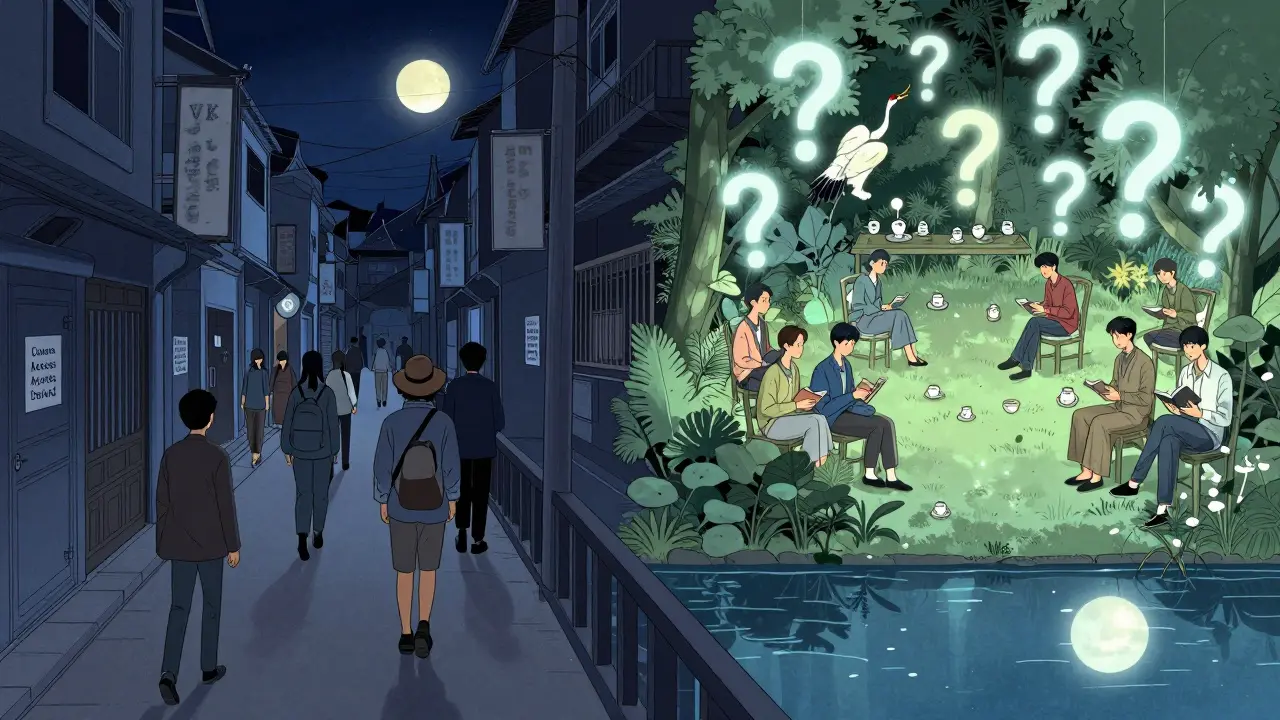 Путешественник на мосту: слева — закрытый ВК с тусклыми знаками, справа — сад сообщества с людьми и журавлями из вопросов под лунным светом.