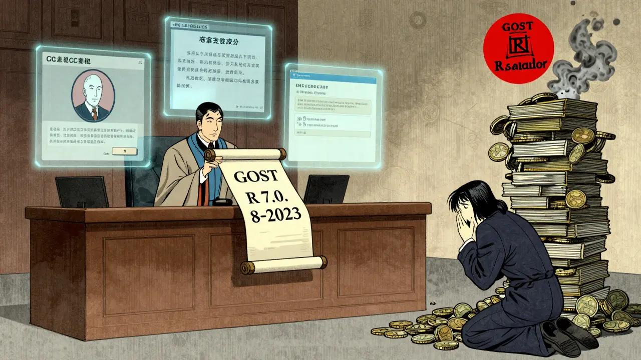 Судья рассматривает нарушения лицензий Creative Commons, библиотекарь стоит перед тающим стеком рублей.