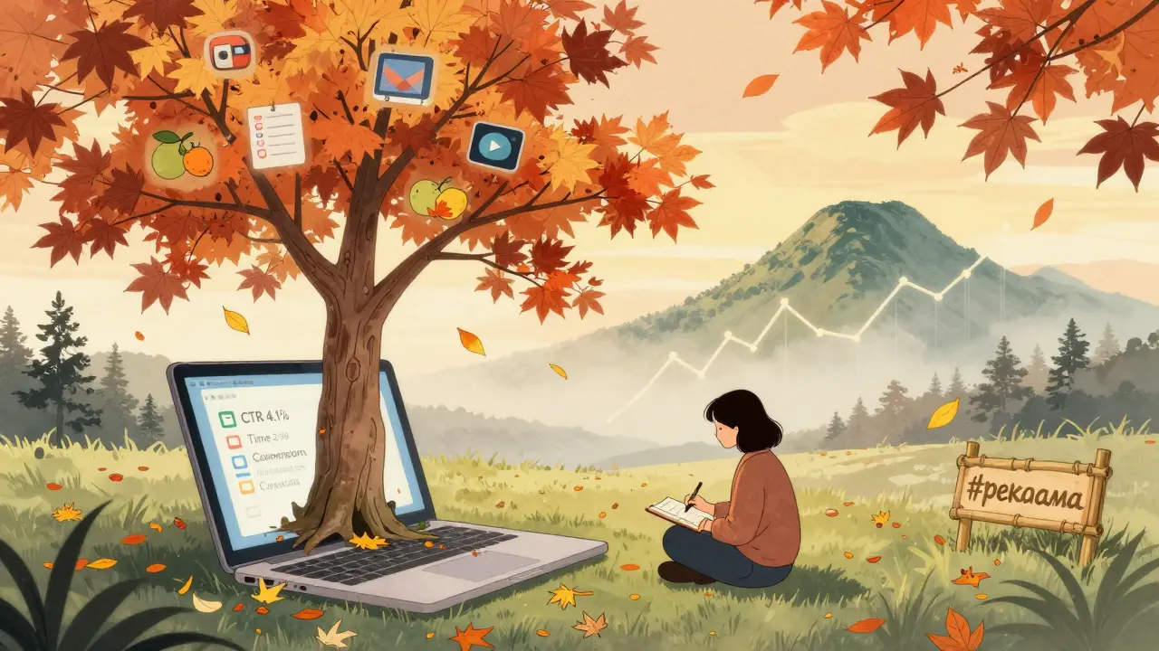 Дерево из ноутбука с плодами-контентом, женщина пишет в дневнике, листья с метриками, стилизовано под укиё-э.