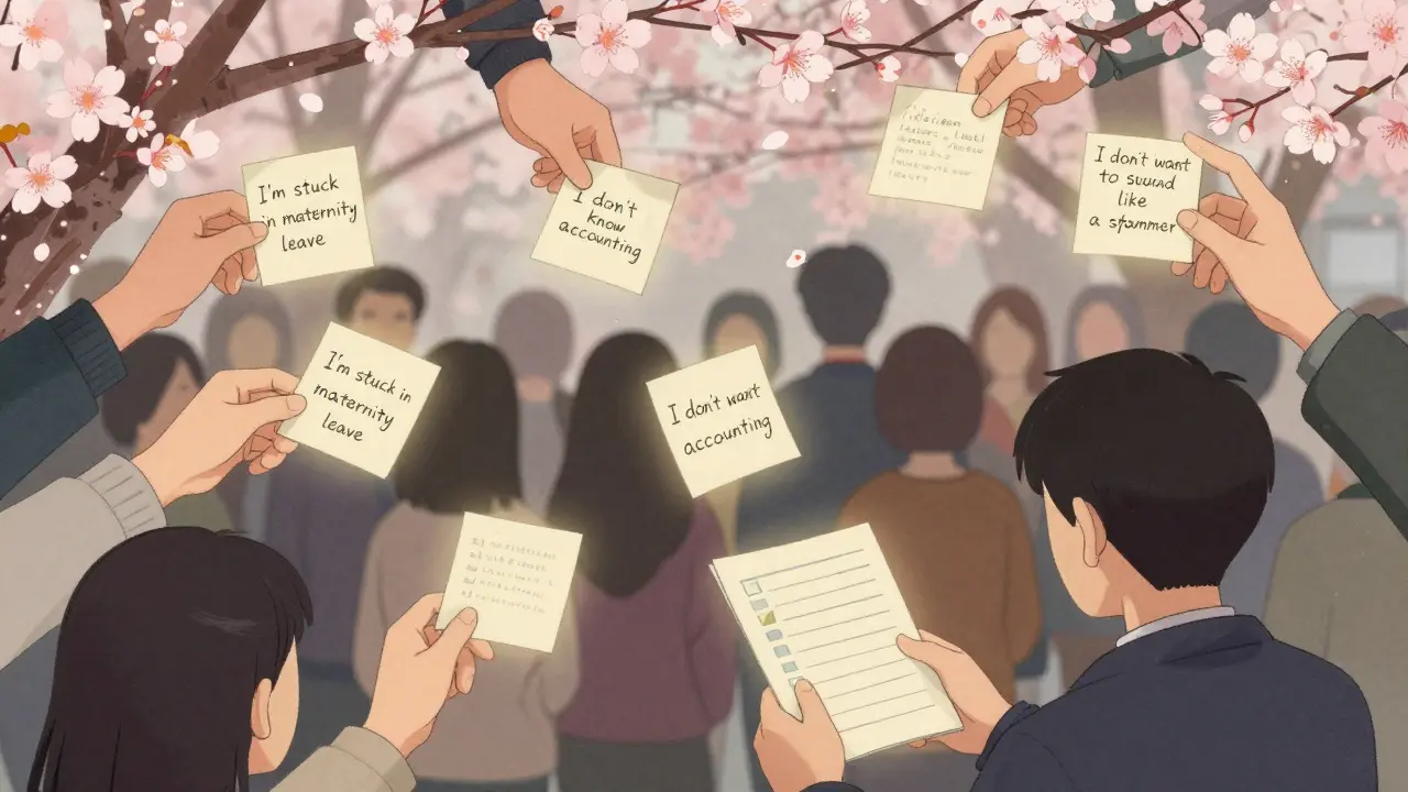 Десять рук с записками о реальных проблемах, тянущихся к простому чек-листу, цветы сакуры вокруг.