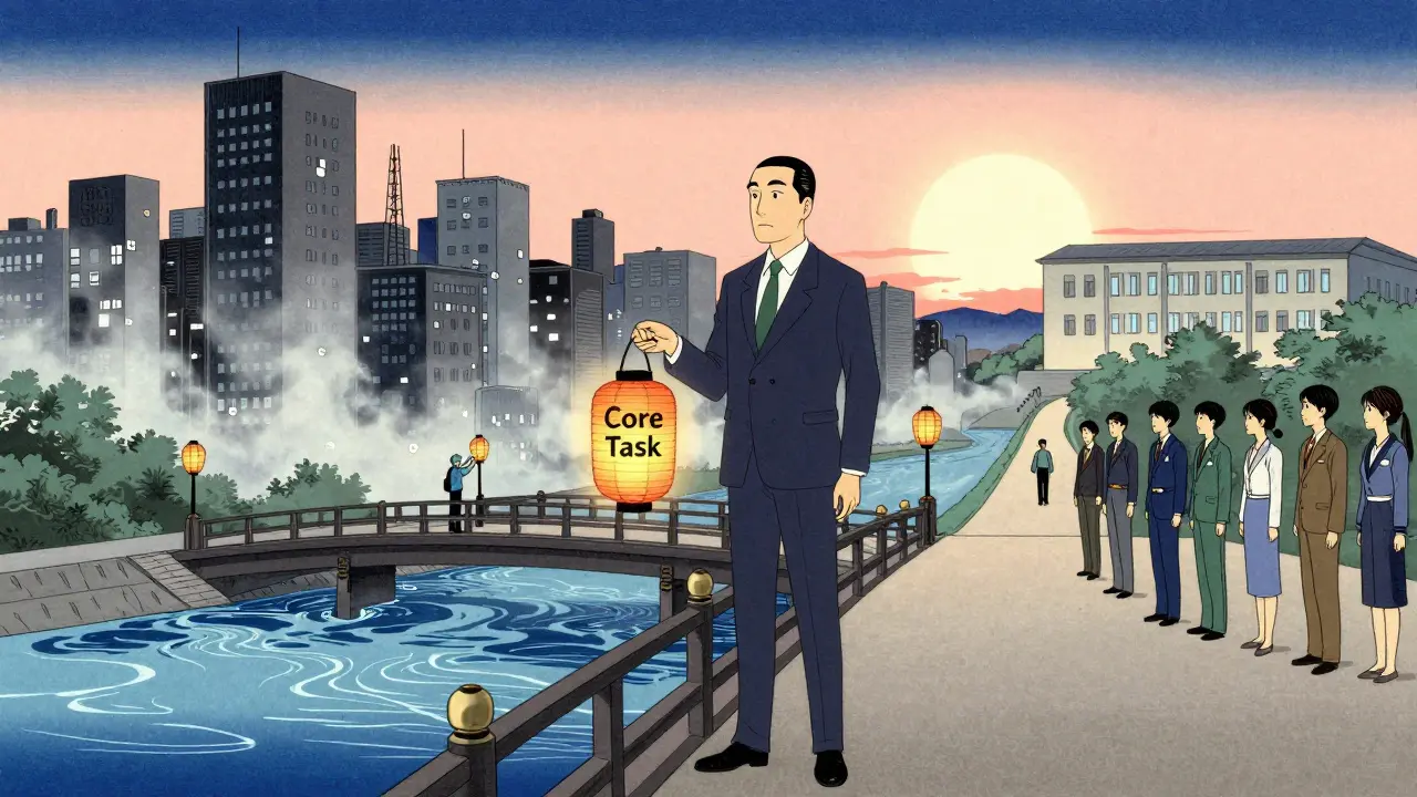 Эксперт на мосту с фонарем, оставляя хаос позади, ведет учеников к устойчивому успеху.