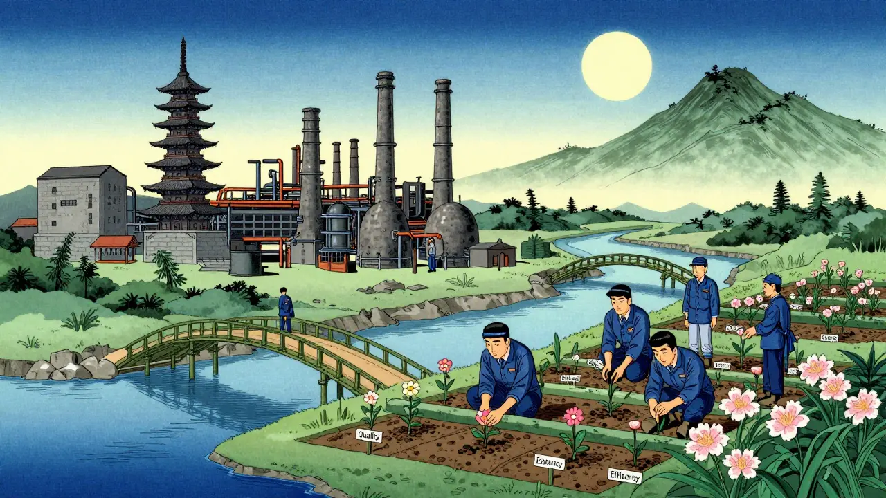 Фабрика превращается в сад с цветами роста эффективности, машины — как пагоды, цепочки поставок — как бамбуковые мосты.