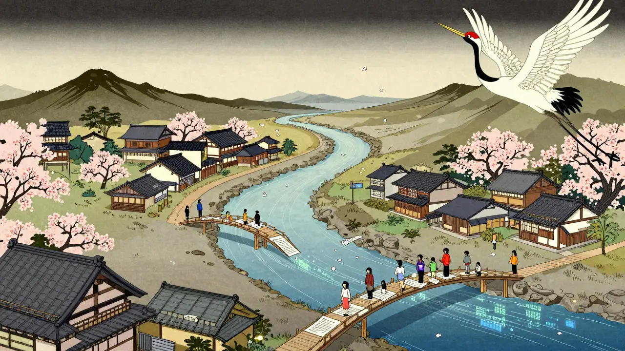 Интернет-стажировка по подбору персонала изображена как река, проходящая через деревни, символизирующие этапы практики.