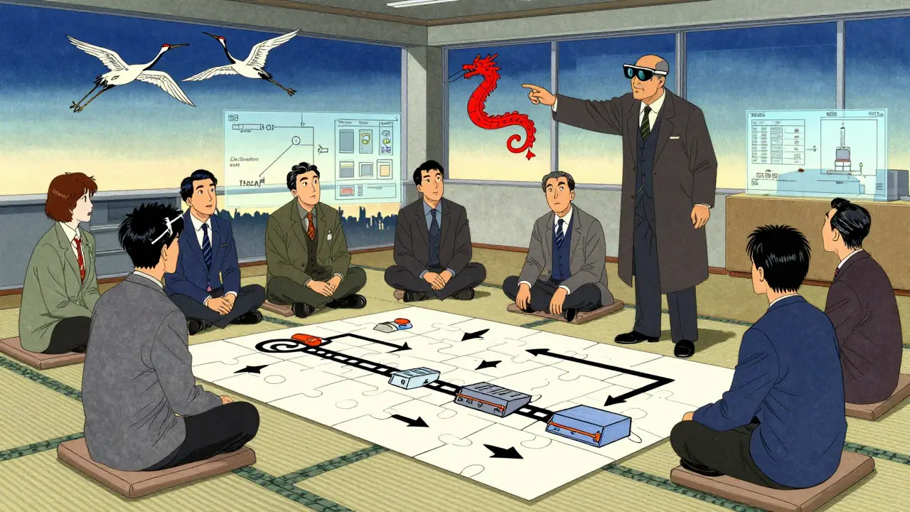 Инженеры решают головоломку производственной линии под руководством наставника, в воздухе — проекции дополненной реальности.