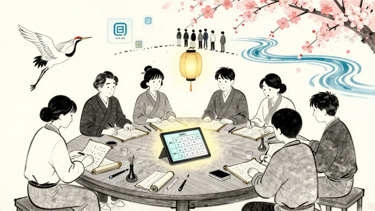 Команда за деревянным столом с матрицей RACI, элементы традиционной японской живописи и цифровые символы в фоне.
