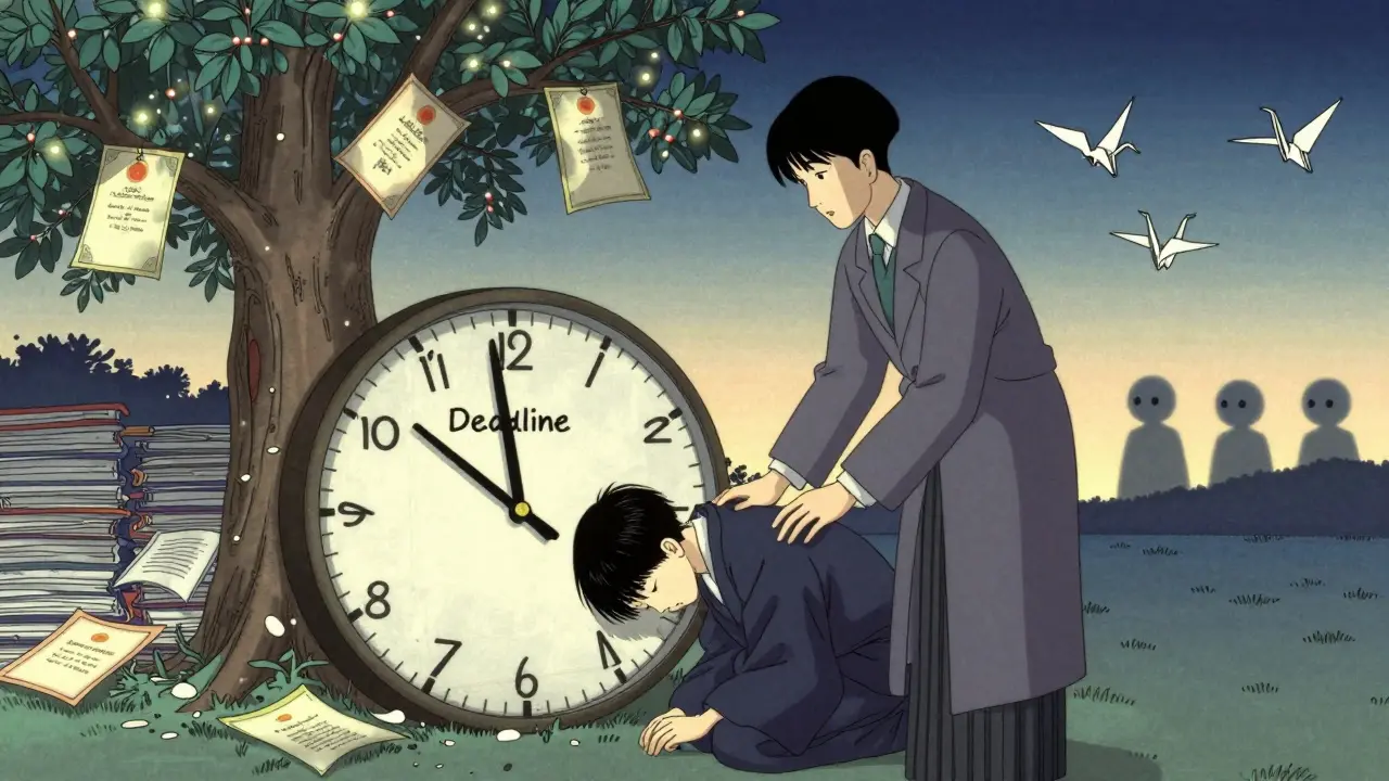 Куратор поддерживает студента под тяжелыми часами, за ними растет дерево из сертификатов.