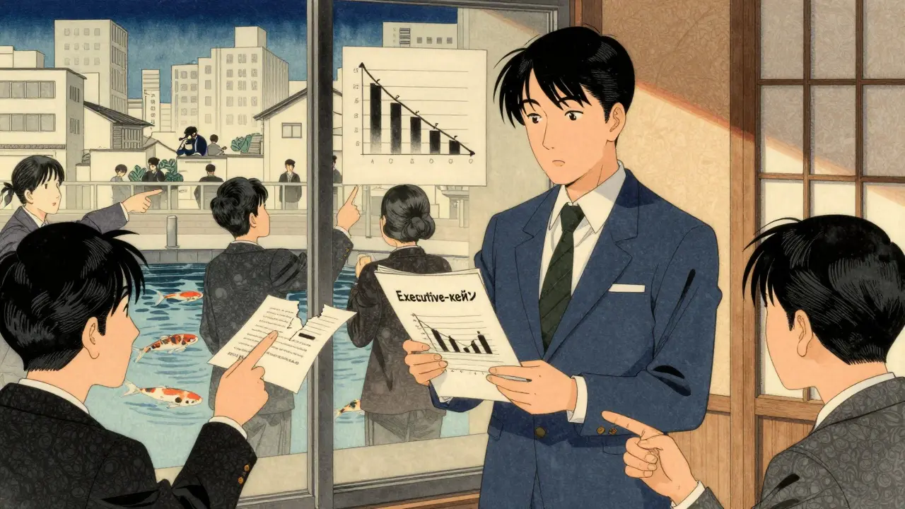 Менеджеры в стиле укиё-э обсуждают падение продаж, используя графики и письма клиентов в офисе с прудом.