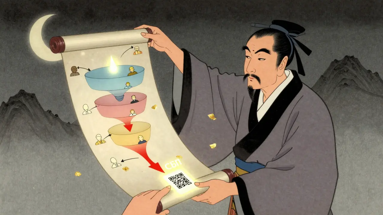 Мерчант анализирует цифровую воронку продаж на шёлке, устраняя утечки золотым символом СБП.