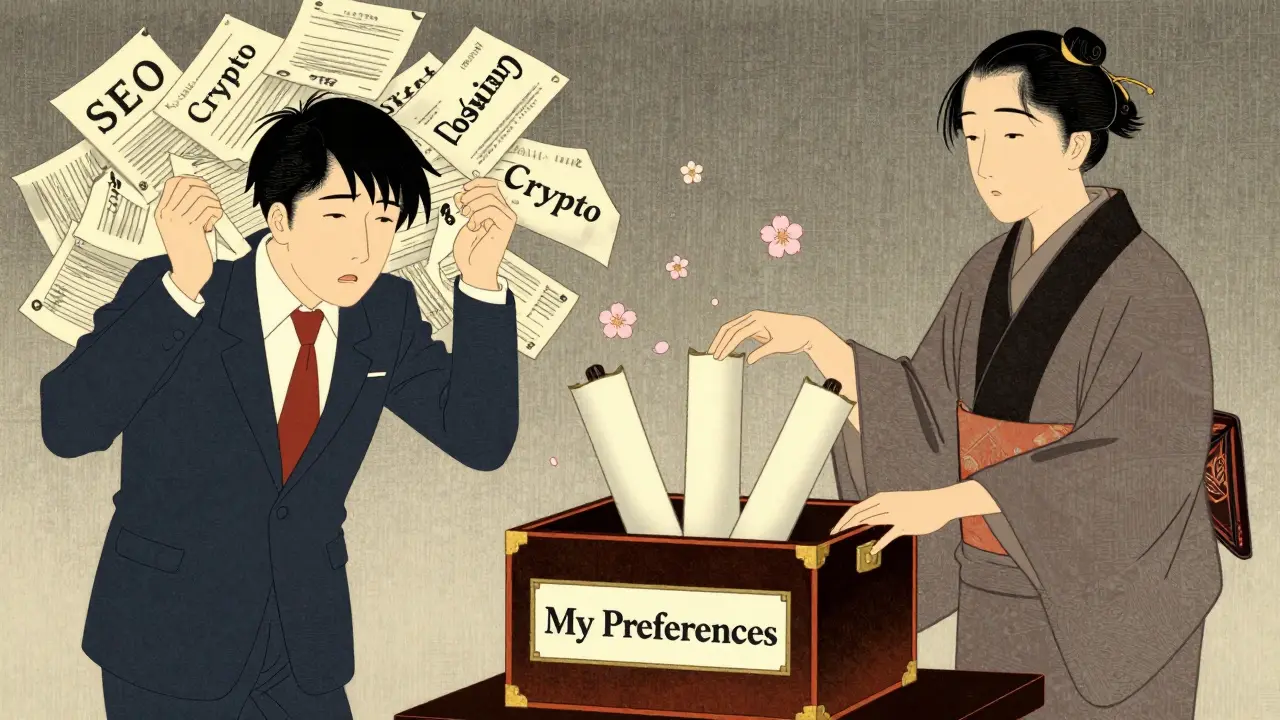 Подписчик избавляется от перегрузки письмами, выбирая только нужные темы в спокойной укиё-э стилистике.