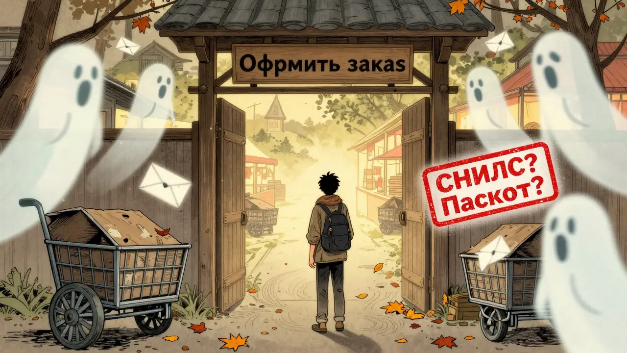 Покупатель останавливается перед формой заказа, окруженный призраками брошенных корзин.