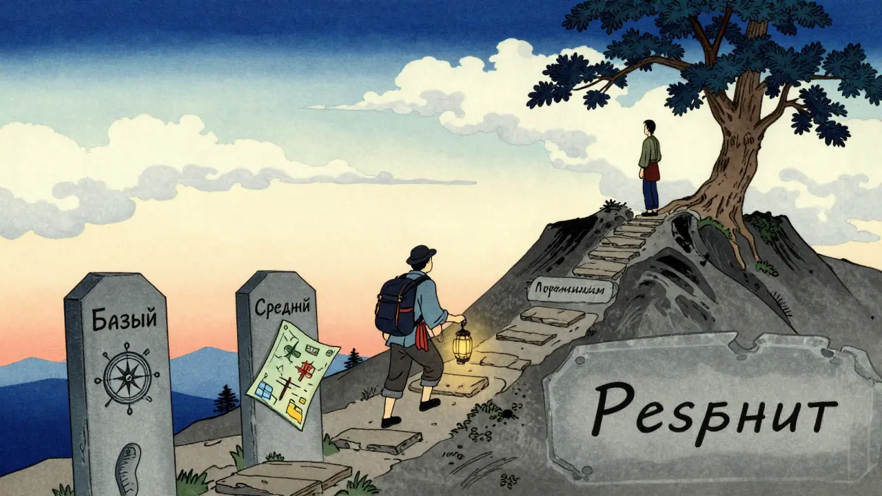 Путешественник поднимается по горе с этапами: информация, инструменты, поддержка, результат.