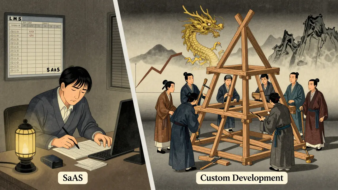 Разделённая сцена: слева — учитель с таблицами, справа — команда строит кастомную LMS, как древнее здание.
