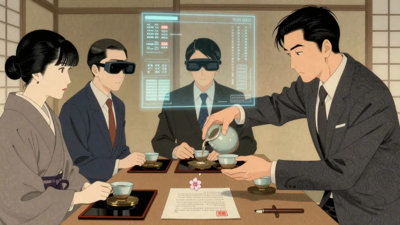 Современная встреча в стиле японской церемонии чая, над головами — AR-проекции финансовых данных, один лепесток сакуры на контракте.