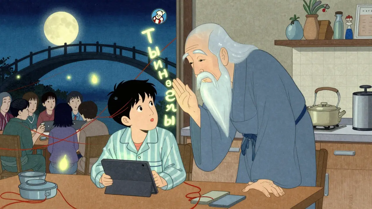 Студент на кухне с призрачным наставником, вокруг — цифровые значки и нить, соединяющая его с другими учениками.