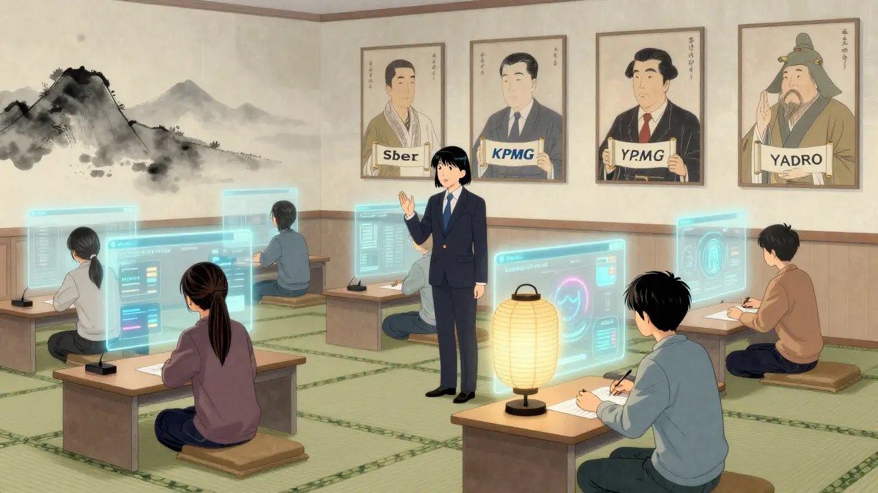 Студенты взаимодействуют с голографическими KPI и ИИ-оценщиком в традиционном классе, рядом — проекции компаний, предлагающих работу.