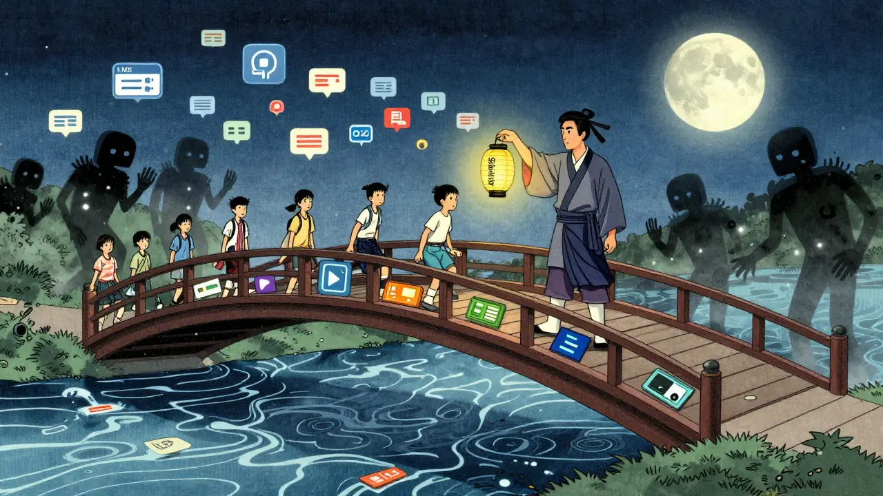 Техник стоит на мосту из цифровых систем, обеспечивая безопасный путь для студентов.