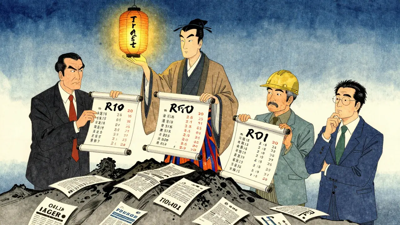 Торговец представляет три кейса с ROI трёмя разными руководителями, фон — традиционные китайские пейзажи с падающими лепестками.