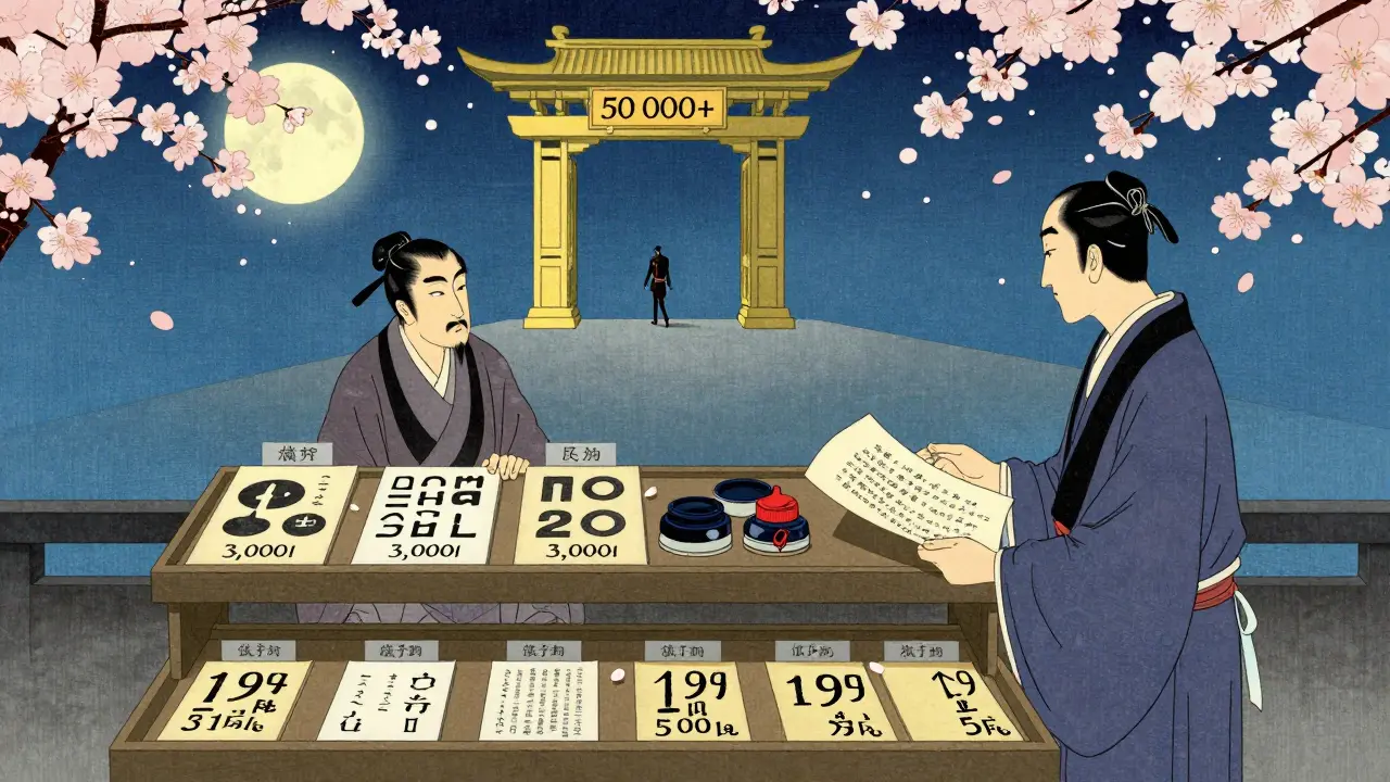 Торговый прилавок с тремя уровнями товаров, от бумажек до золотых ворот.