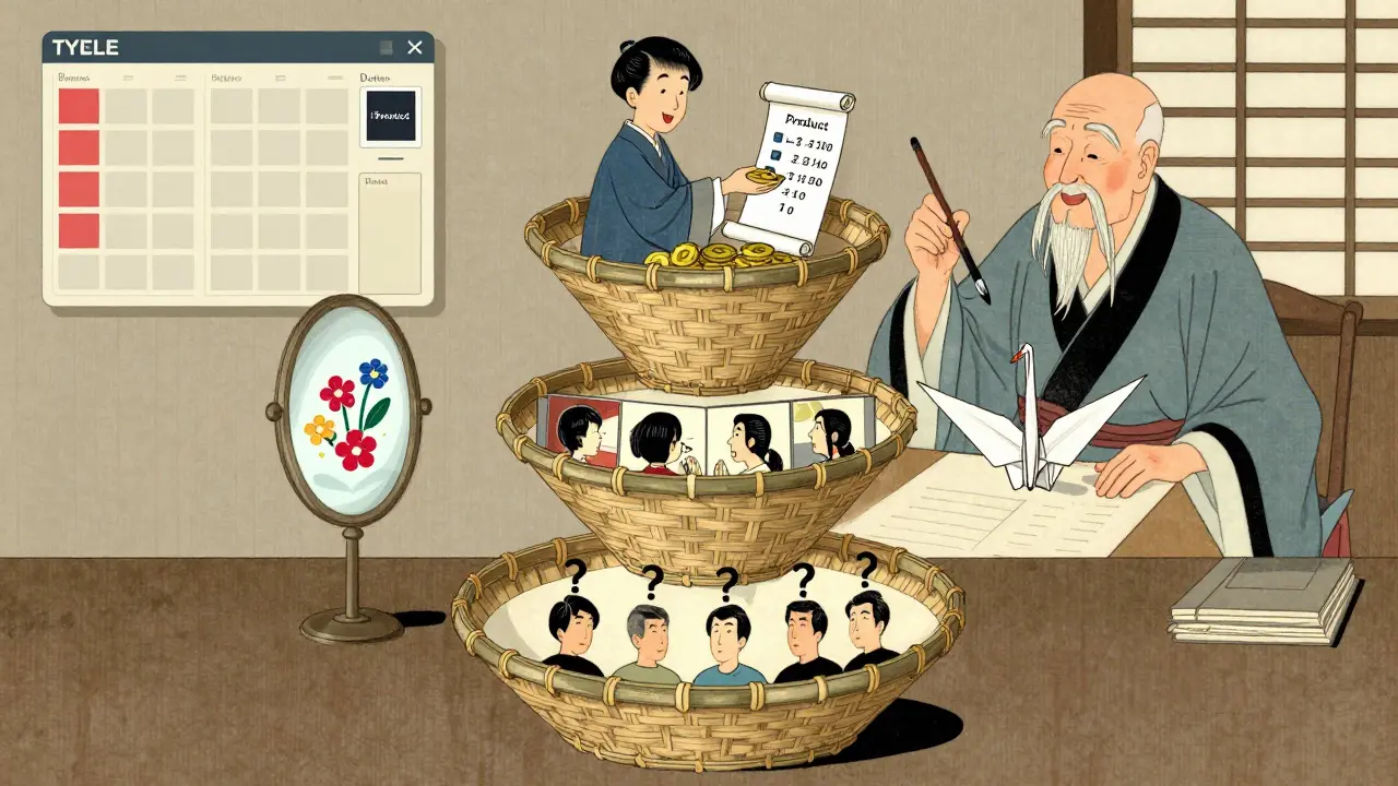 Трехуровневый воронка из бамбука и бумаги с аудиторией на разных стадиях, в стиле укиё-э.