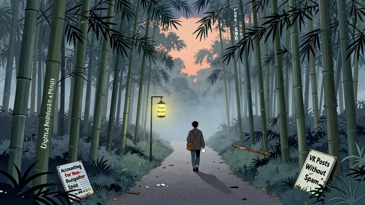 Узкая тропа через бамбуковый лес с нишами, ведущая к фонарю с надписью 'Доверие > Охват'.