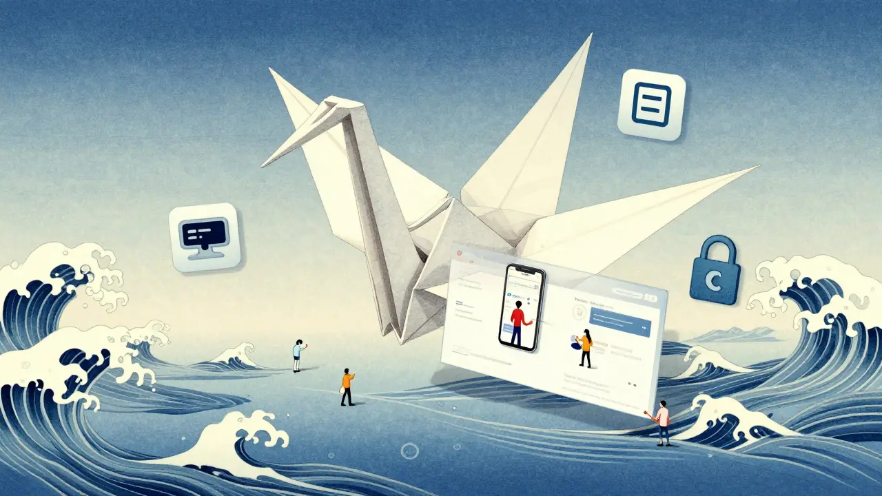 Бумажный журавель превращается в веб-шаблон с иконками AI, мобильного устройства и защиты.