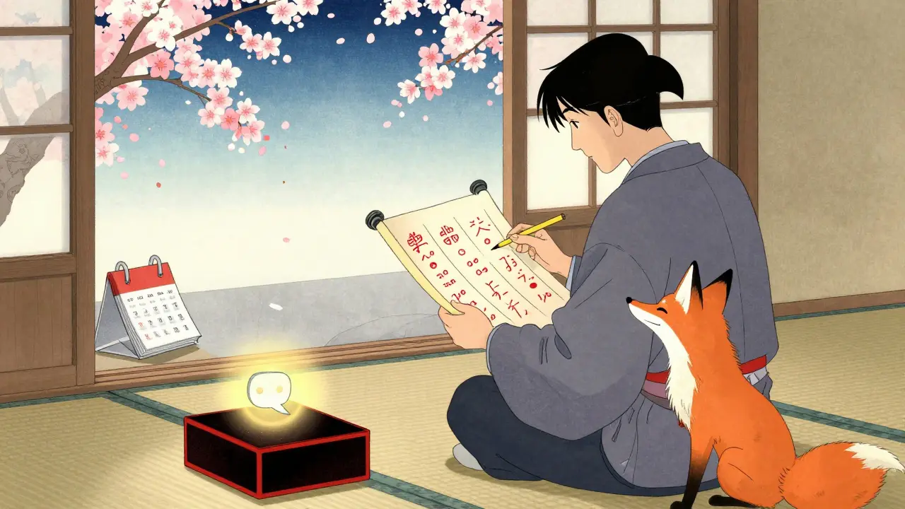 Человек анализирует комментарии на свитке, рядом с лисой-духом, под окном падают сакура, а один комментарий лежит закрытым.