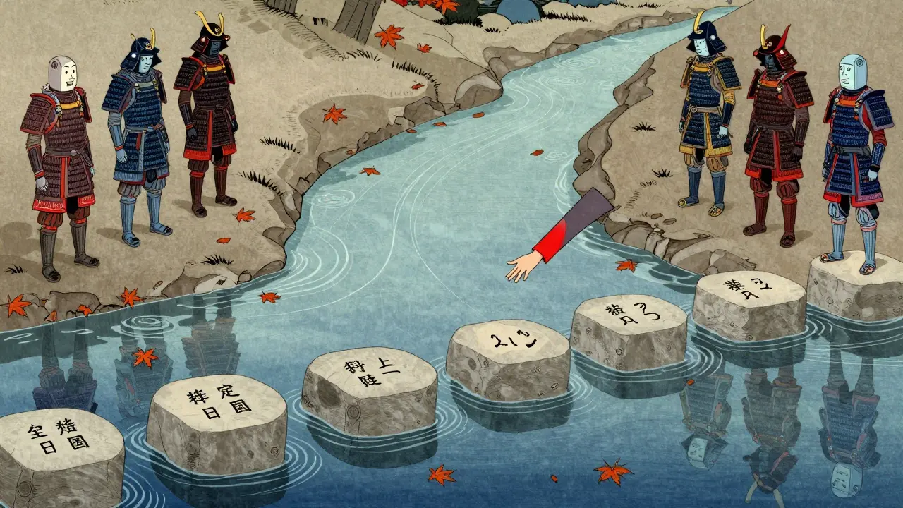 Дорога из камней к реке, где рука помогает человеку перейти — символ связи вместо автоматизации.