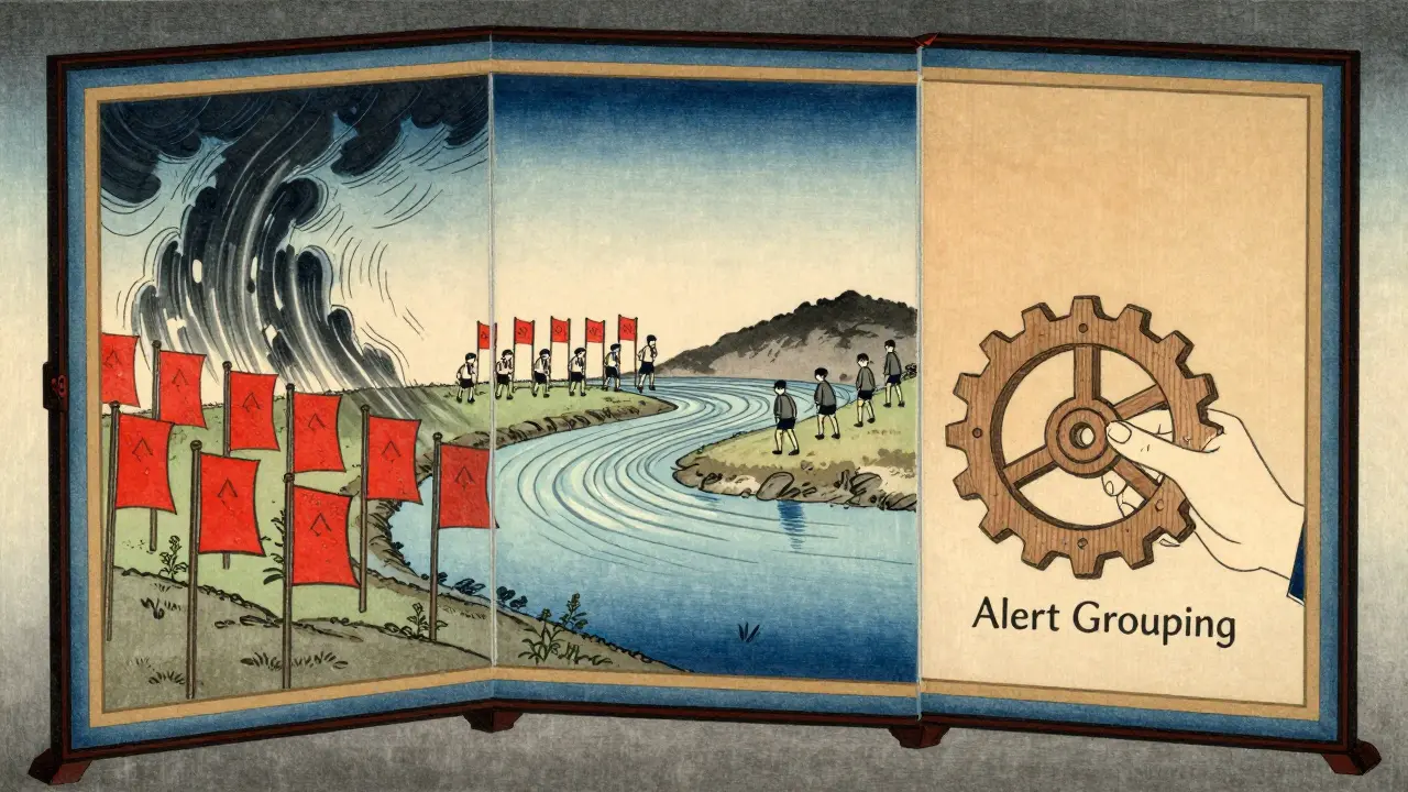 Древний японский экран с тремя панелями: буря оплат, спокойный поток студентов, ручная настройка алертов.